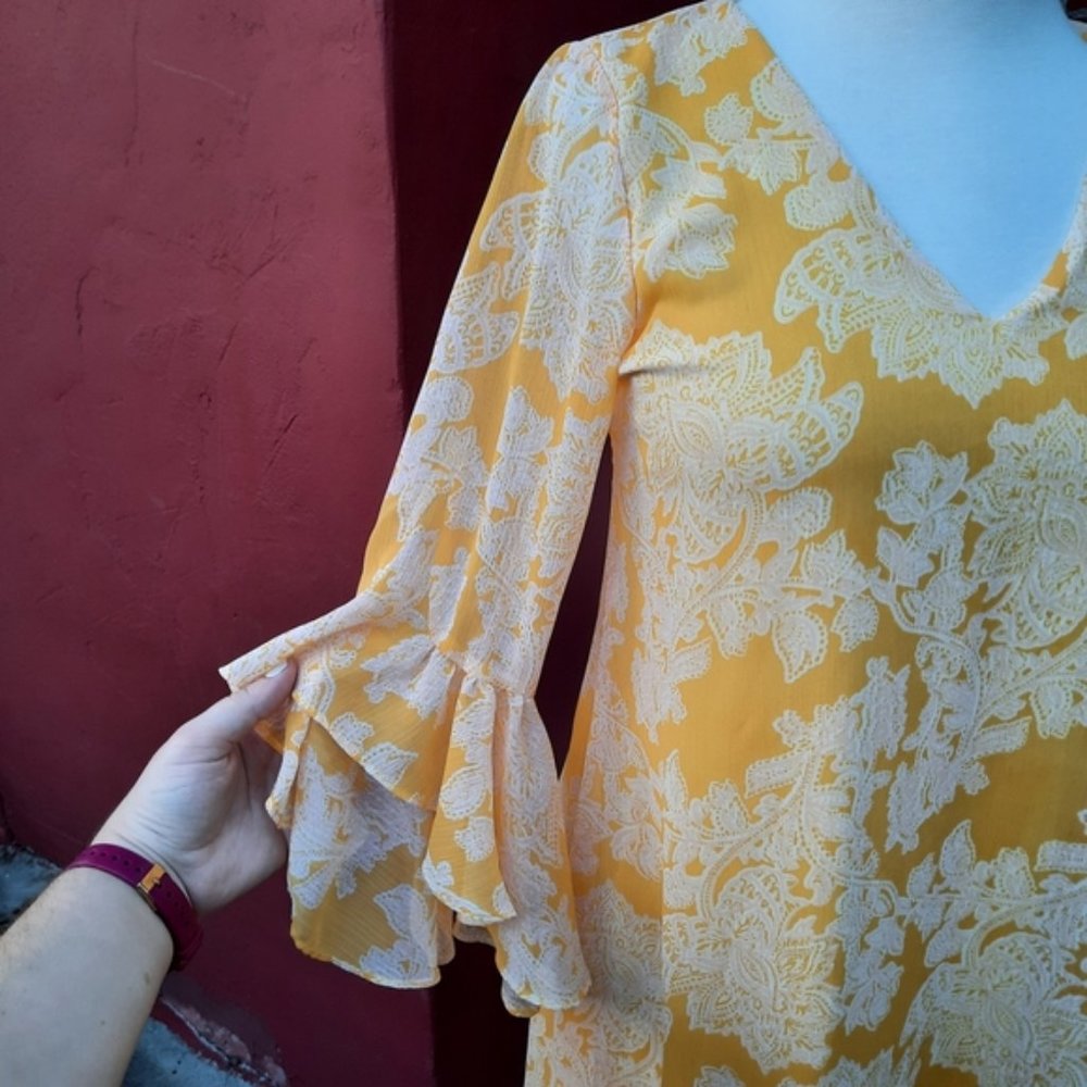 Calvin Klein Ruffle Sleeve Chiffon Yellow Print Dress 2 Spring Summer - Picture 3 of 10